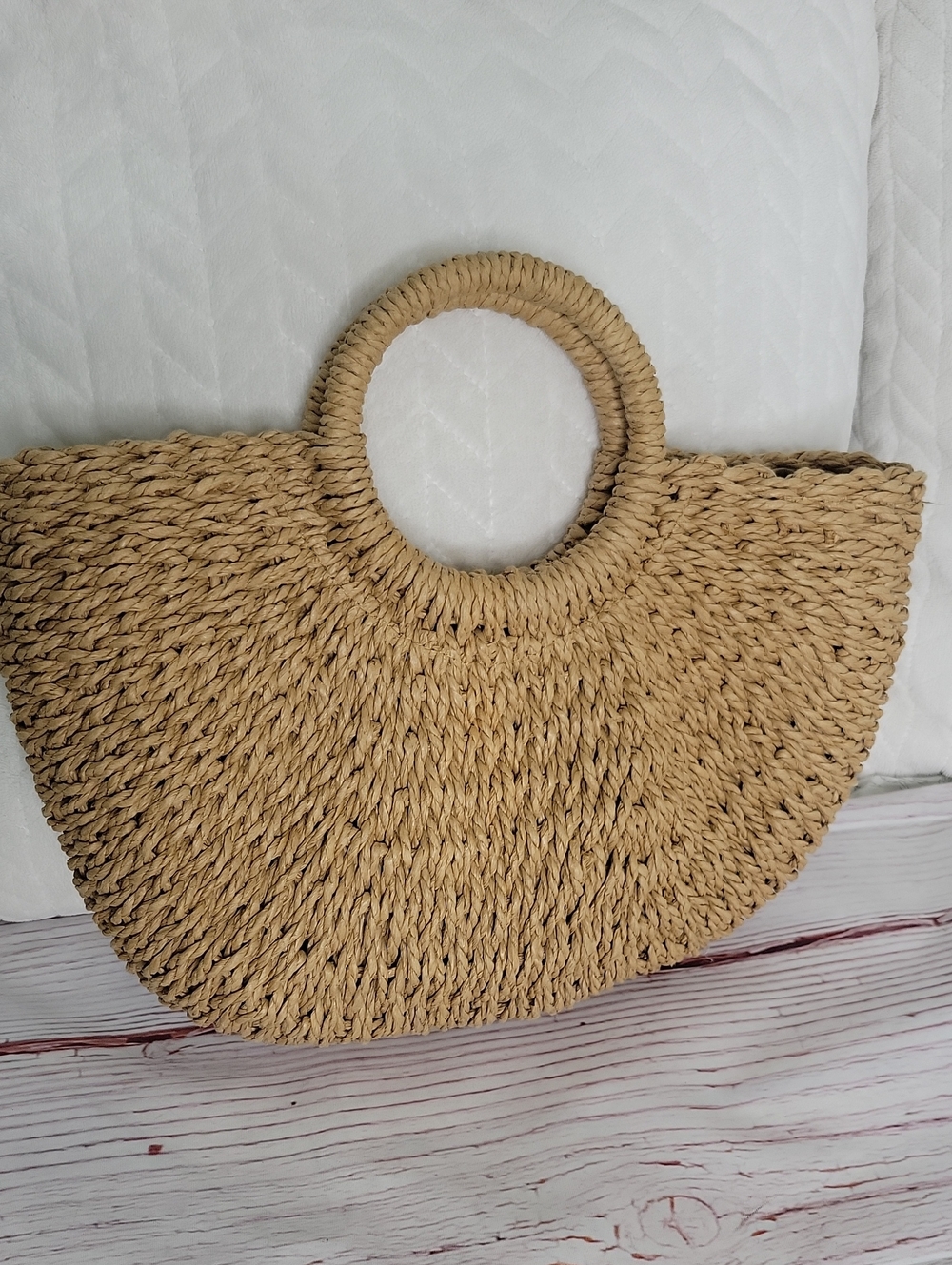 Natural Straw Round-Handle Tote Bag - Beige Unbranded